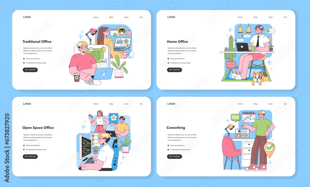 Office Environments set. Professionals navigate diverse work settings. Traditional desks, cozy home corners, collaborative open spaces, bustling coworking hubs. Flat vector illustration