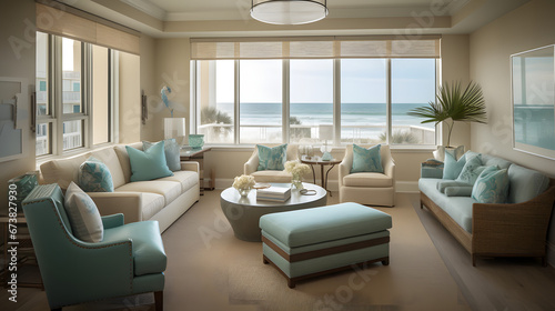 Morning Bliss: Beachfront Lounge Retreat with Soft Tones and Waves - Created using Generative AI