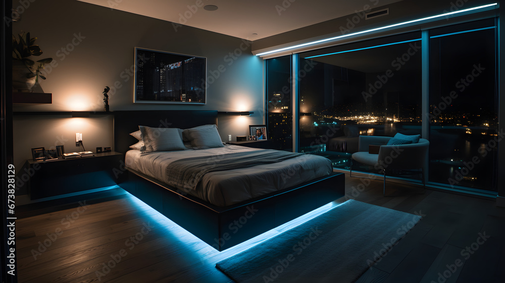 Nighttime Innovation: Modern Oasis in the Tech-Savvy Bedroom - Created using Generative AI