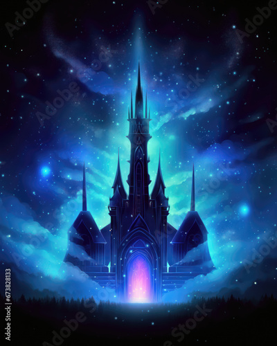 Mysterious dark castle in the night sky. Fairy tale illustration