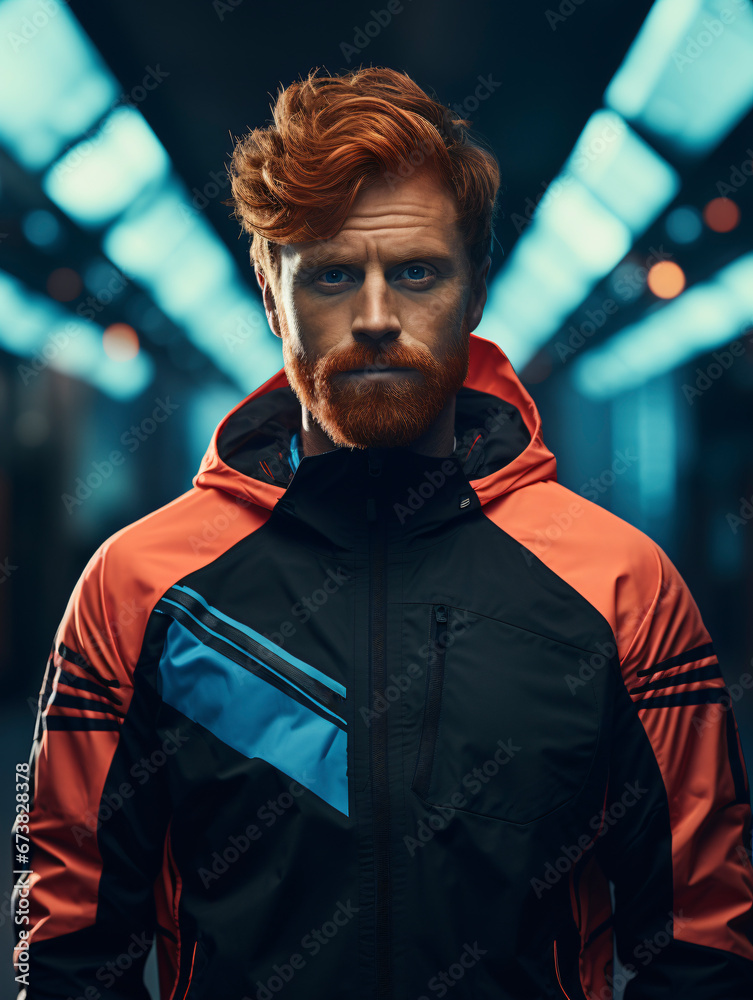 Epic and dramatic portrait of an athlete with a serious look, with marked features, red hair and a beard, with cinematographic and enveloping lighting. Advertising concept.