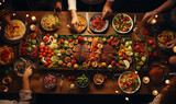 Thanksgiving table. Flat-lay of feasting peoples hands over Friendsgiving table with food cover wooden table.