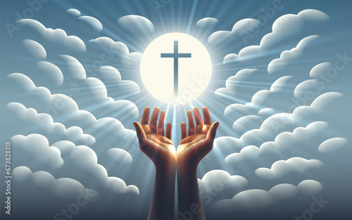 Religious card, hands on sunset background, Christian cross. Vector illustration