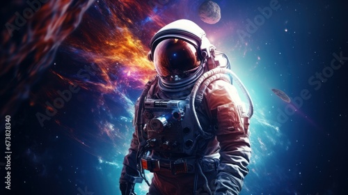 Astronaut at spacewalk. Cosmic art, science fiction wallpaper. Beauty of deep space. 
