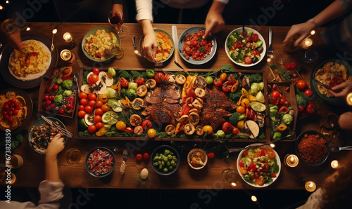 Thanksgiving table. Flat-lay of feasting peoples hands over Friendsgiving table with food cover wooden table.