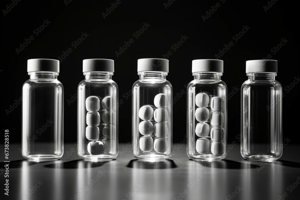 Empty pill bottles with space for labels. Generative AI