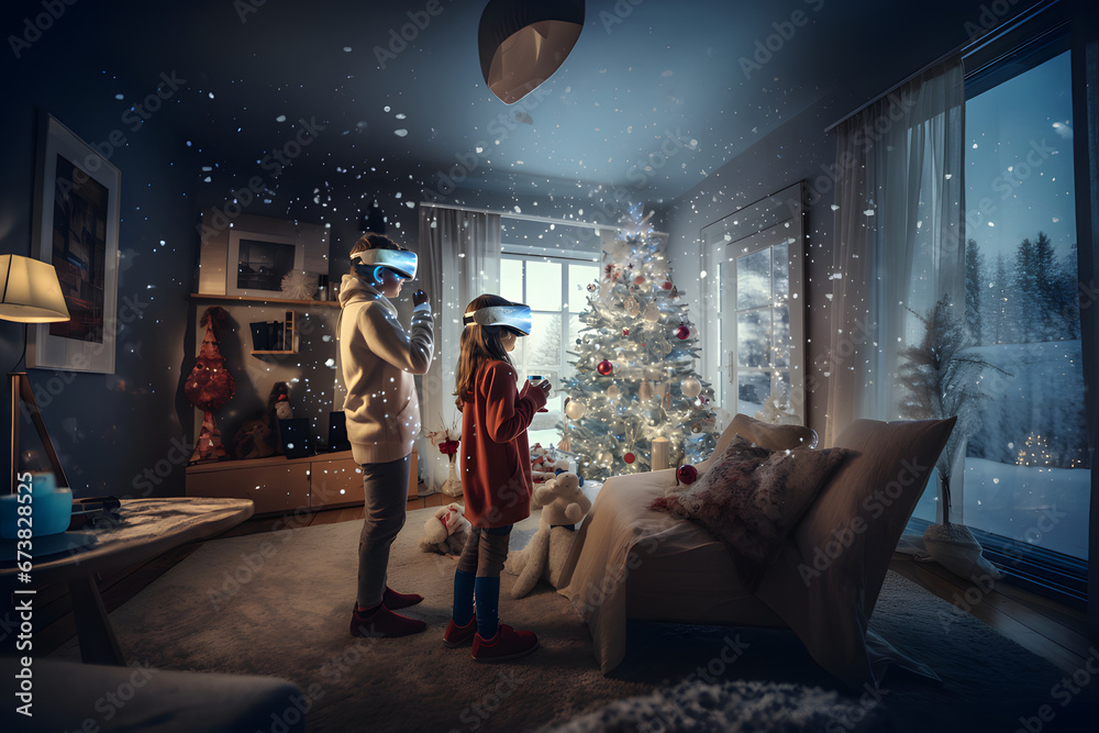 Two children playing with virtual reality glasses at Christmas in a scene that snows through the window. - obrazy, fototapety, plakaty 