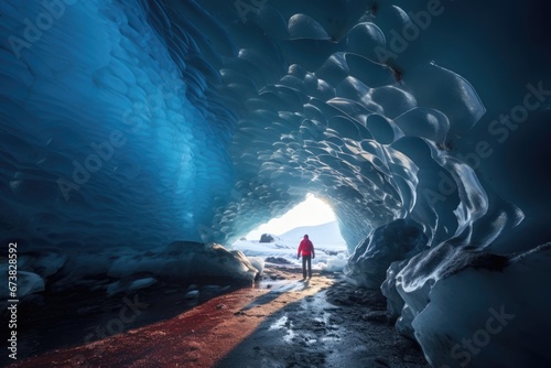 A man explore freezing ice covered cave. Winter seasonal concept. photo