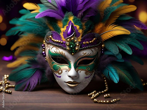 Mardi Gras Mask With Feathers Background. Generative AI