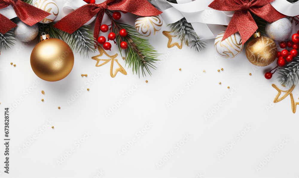 Christmas Flat Lay Background. Top view of Christmas golden, green, red shiny ornaments decorations on a white background. Christmas Flat Lay Background. Top view of Christmas golden, green, red shiny ornaments decorations on a white background.