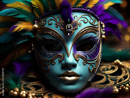 Mardi Gras Mask With Feathers Background. Generative AI © Kdp Vibe