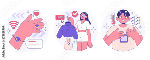 Wearable technology set. Smart device. Character using electronic device to monitor, analyze and transmit personal data. Smartwatches, smartglasses or accessories. Flat vector illustration