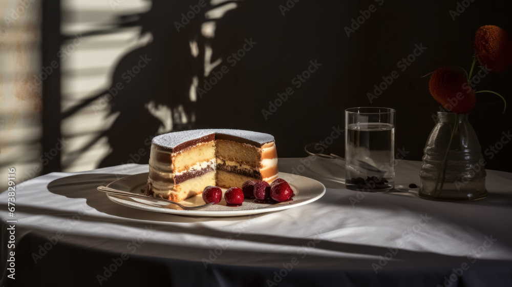 Product photography of cake on the pastry chef's kitchen table play of light and shadow. High quality photo