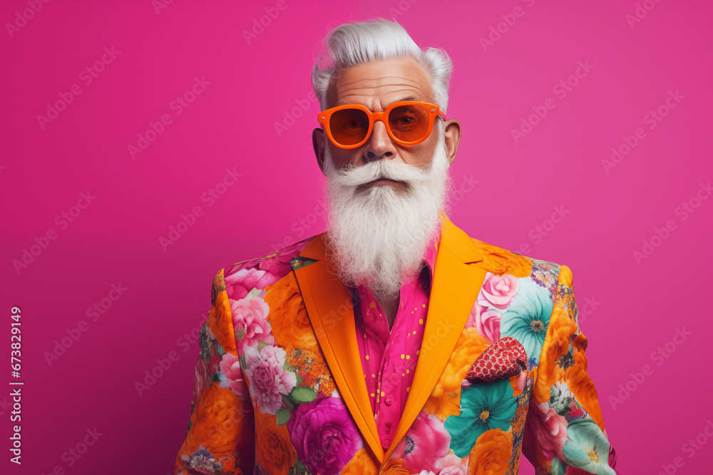Photo of a colorful, funky aged man wearing flowers patterned suit isolated on pink color background. Photo of a colorful, funky aged man wearing flowers patterned suit isolated on pink color background.