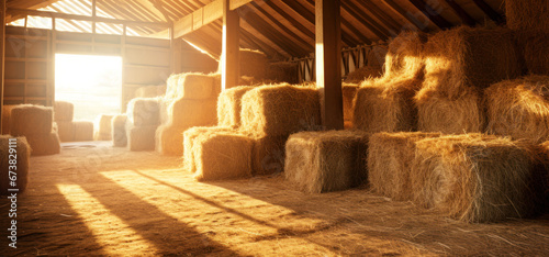 barn with hay bales stacks at farm photo