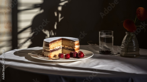 Product photography of cake on the pastry chef s kitchen table play of light and shadow. High quality photo