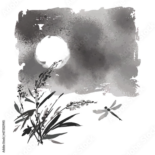 水墨画風のススキと月のイラスト