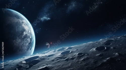 Earth and Moon in space. Lunar surface.