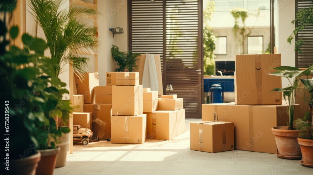Large moving boxes are sitting in a room with a plant in the corner. Large moving boxes are sitting in a room with a plant in the corner.