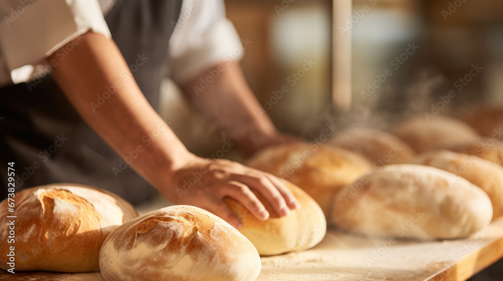 Close-up shot of a baker bakes bread with hands. Many pieces of breand in hands, side view. High quality photo