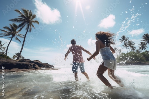 Lovely young couple play with water at beach. Summer tropical vacation concept.