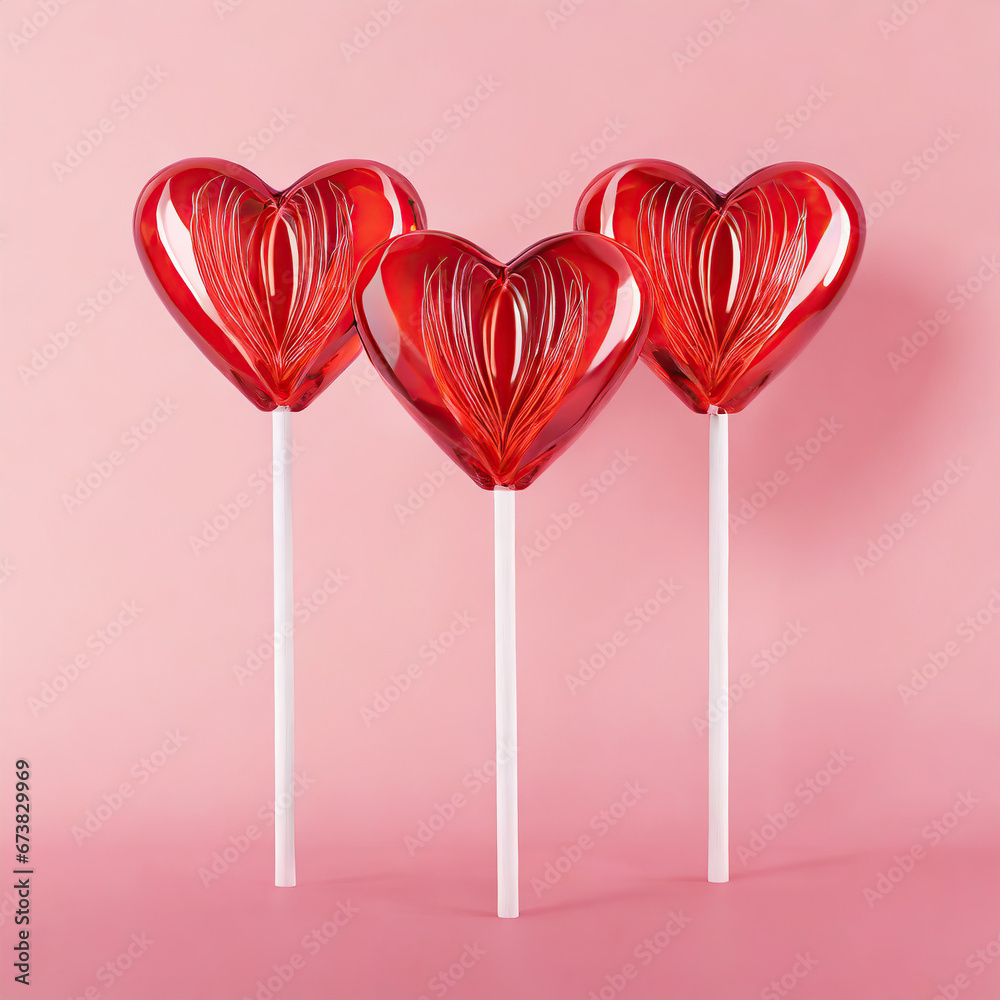 red heart shaped lollipops on a pink background