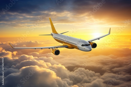 An airplane jet fly in air with beautiful cloud at sunset. Outdoor travel concept.
