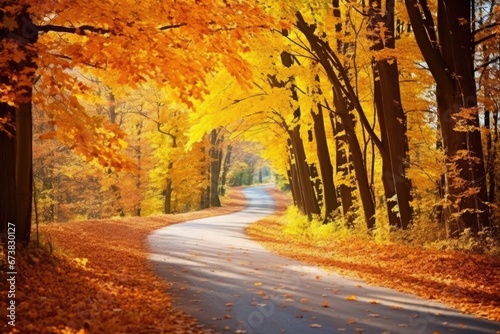 Autumn woods with drive way road and beautiful Fall foliage colors. Autumn seasonal concept. © rabbit75_fot