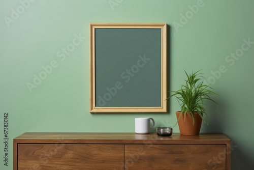 A Rustic Wooden Dresser with a Vibrant Potted Plant as a Focal Point