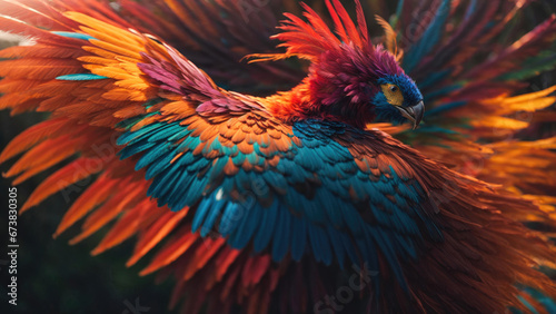 Fantasy bird with colorful feathers. Generative AI. © vkilikov