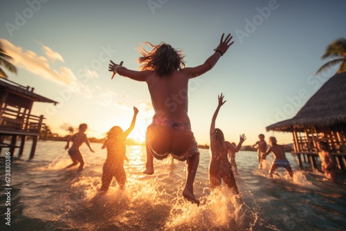 Wide angle view of happy kids with family jumping into sea water at luxury vacation resort at sunset with dynamics. Water sports. Summer tropical vacation concept. © rabbit75_fot