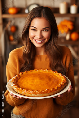 Beautiful woman holding fresh pumpkin pie. Traditional American homemade pumpkin pie baking.