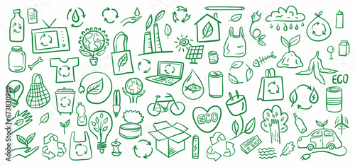 Коллекция векторных экологических символов, нарисованных от руки в стиле каракулей