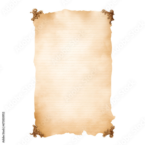 Old mediaeval paper sheet, parchment scroll isolated on transparent or white background, png, mockup photo