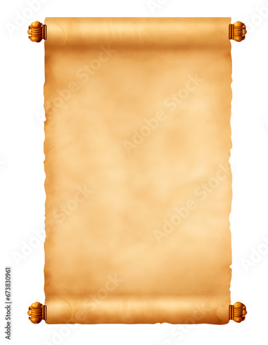 Old mediaeval paper sheet, parchment scroll isolated on transparent or white background photo