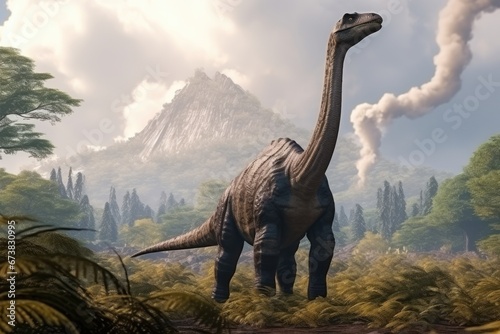 Dinosaur in prehistorical environment with volcanos and clouds. © rabbit75_fot
