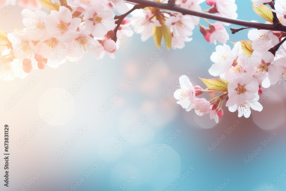 Close-up view of pink cherry blossom in Spring with blurred bokeh background space for text. Spring seasonal concept.