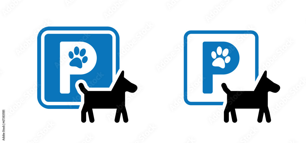 Cartoon p,  parking for dogs. Dog parking zone. Beware of dog. Blue traffic sign for dogs. Pet parking. Dog spot, for waiting while owner go somewhere pets allowed or not.