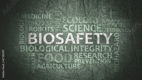 Fototapeta Naklejka Na Ścianę i Meble -  Biosafety typography graphic work, consisting of important words and concepts. 3D render