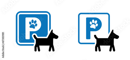 Cartoon p,  parking for dogs. Dog parking zone. Beware of dog. Blue traffic sign for dogs. Pet parking. Dog spot, for waiting while owner go somewhere pets allowed or not.