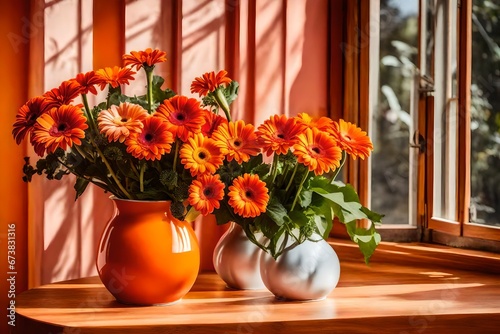 A bouquet of gerbera and chrysanthemum flowers, placed in a zesty tangerine orange ceramic vase, on a wooden surface, near an open window.