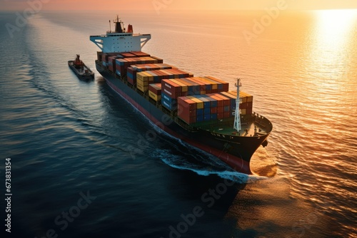 Aerial view of cargo ship in sea with cargo container box at sunrise. photo