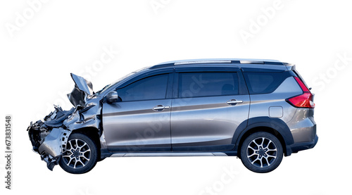 Side of new bronze car get damaged by accident on the road. damaged cars after collision. isolated on transparent background , car crash bumper graphic design element, PNG File