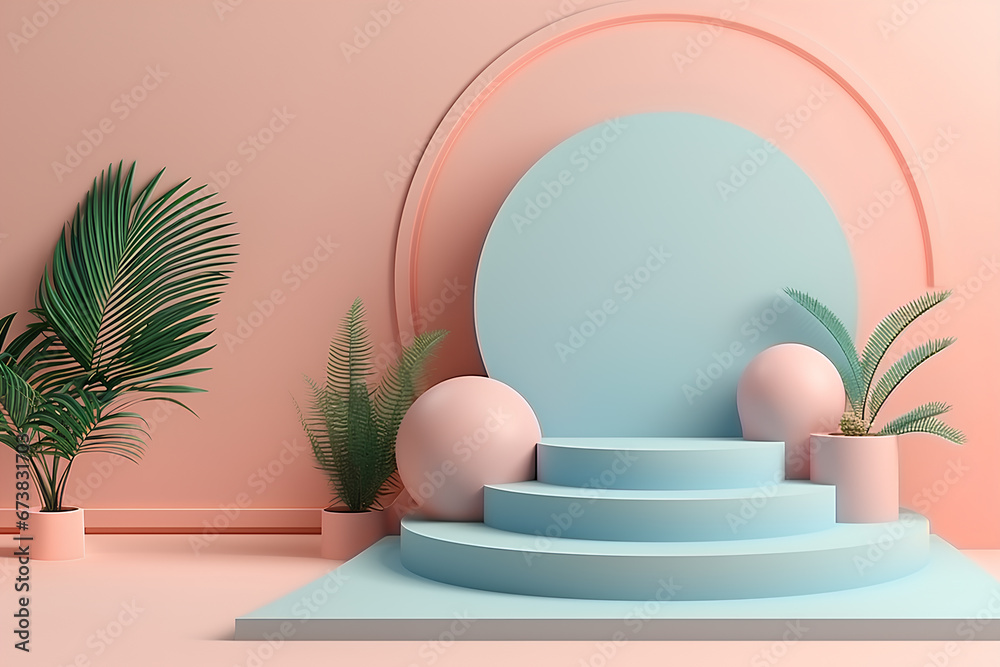 Design scene in pastel color with geometric shapes and plants background circle, podium for show cosmetic product. 3D Rendering horizontal web banner Design scene in pastel color with geometric shapes and plants background circle, podium for show cosmetic product. 3D Rendering horizontal web banner