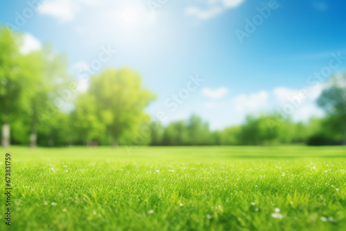 Spring natural field meadow photographed with blur. The buds of plants and the branches and leaves of trees are growing smoothly. Wide copy space suitable for product backgrounds and web advertisement