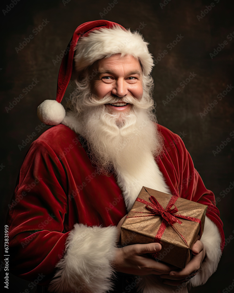Smiling Santa Claus holding a present