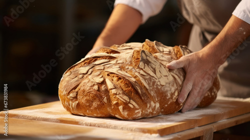 Close-up shot of a baker bakes bread with hands. Piece of breand in hands, side view. High quality photo
