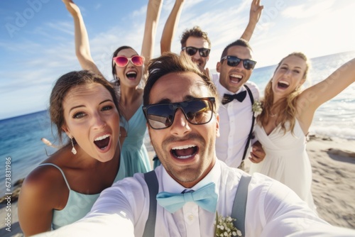Happy people taking selfie at a beach party. Summer tropical vacation concept.