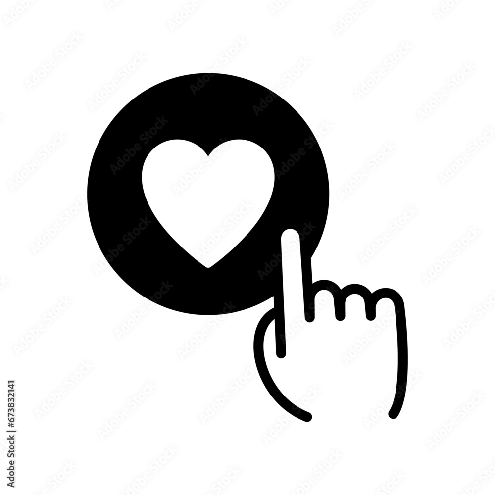 Click finger on the heart icon. Hand pressing like heart button. Celebration and Happy Valentine's Day. Vector. Click finger on the heart icon. Hand pressing like heart button. Celebration and Happy Valentine's Day. Vector.