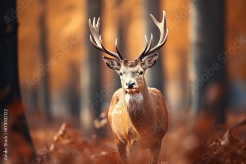 Male deer with antlers stand in forest in Autumn with beautiful foliage.
